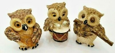 #ad vintage Statues of owls playing musical instruments made of Resin hand painted $65.00