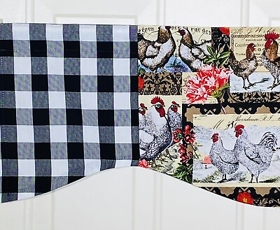 #ad #ad Farmhouse Rooster Chicken Black White Check kitchen curtains valance 40W X 11.5 $14.95