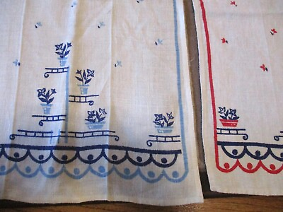 #ad 2 Vintage Linen Kitchen Towels Art Deco Potted Plants 12quot; x 20quot; Red amp; Blue $10.80