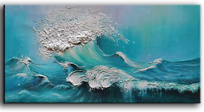 #ad Oil Painting on Canvas Waves 24x48inch Abstract 3D Hand Painted Framed Large $122.33