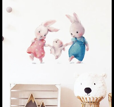 #ad Family Bunny Baby Nursery Wall Stickers Cartoon Wall Decals vinyl pink animal AU $19.90