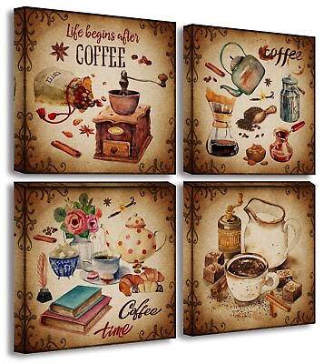 #ad Kitchen Decor Coffee Wall Art Vintage Coffee Poster Canvas Print Retro Brown ... $31.13