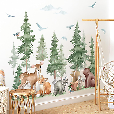 #ad Mountain Tree Wall Stickers Large Pine Tree Forest Animal Bear Fox Peel and Stic $30.99
