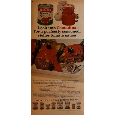#ad 1968 Contadina Print Ad with Burger Recipe: Food Art Kitchen Decor Tomato $12.00