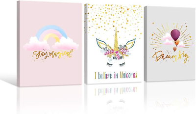 #ad Unicorn Wall Art Girls Bedroom Decor Rainbow Pink Kids Canvas Prints Motivationa $41.10