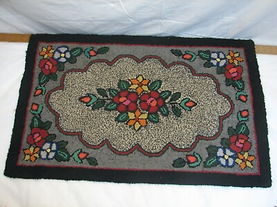 #ad Antique Hooked Rug Art Kitchen Mat Hand Made Floral Flowers Garden Runner M $129.99