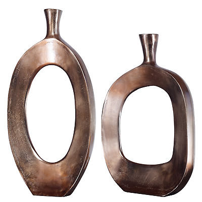 #ad Luxe Oversized Bronze Open Circle Modern Vase Set 2 Abstract Metal Sculpture $283.80