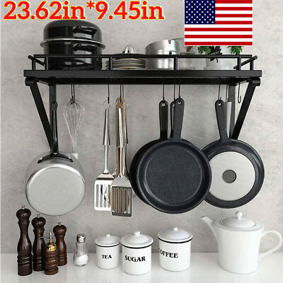 #ad #ad Kitchen Hanging Pot Pan Rack Wall Mount Iron Storage Shelf Saucepan Holder US $18.95