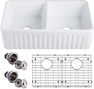 #ad 33in Versatile Double Bowl Sink for Kitchen and Farmhouse with Grid and Strainer $229.90