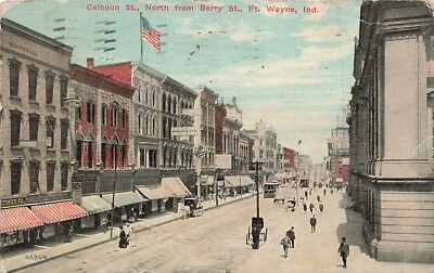 #ad #ad c1910 Aerial View Calhoun Street Stores Trolley People Action Fort Wayne IN P576 $7.99