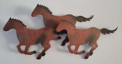#ad Western Americana Vtg Metal Sculpture Wall Art 3 Running Galloping Horses Hangin $49.45