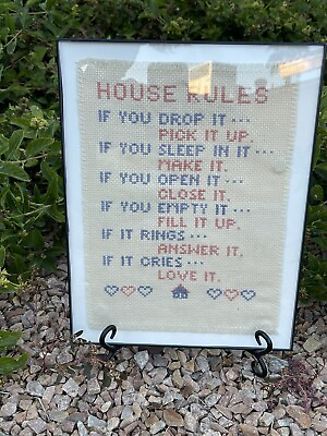 #ad Vintage “House Rules” Cross Stitched Framed Wall Decor Funny Sign $12.95