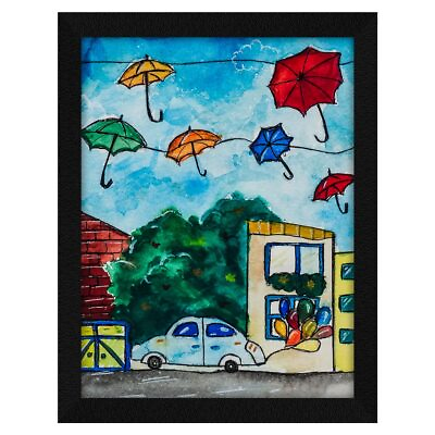 #ad City Umbrellas Watercolor Frame Wall Art Painting Abstract 10X13 inch $28.99