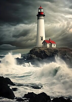#ad #ad Stunning Lighthouse With Waves Crashing Canvas Art Print 16quot; x 20quot; Wall Art $11.95