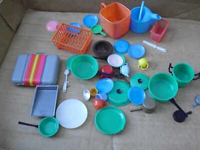 #ad Vintage Lot of Assorted Doll or Playset Plastic Cups Utensils and Kitchen Stuff $28.00
