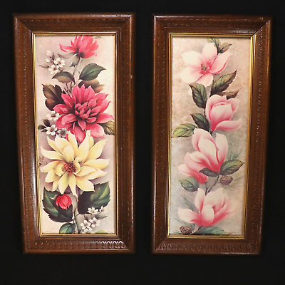 #ad STAPCO NY Flower Lithograph Pair Wood Frame Magnolia Wall Art Prints Rare VTG $35.00