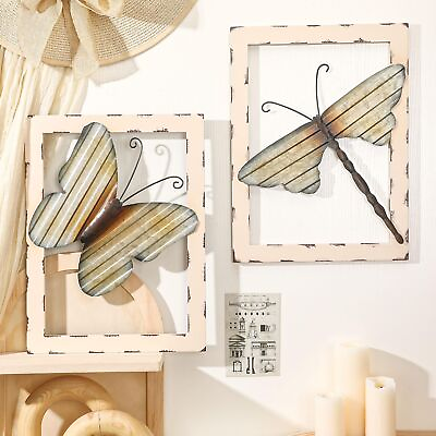 #ad 2 Pieces Farmhouse Wall Art Metal Dragonfly Decor Metal Butterfly Wall Art Wo... $23.76