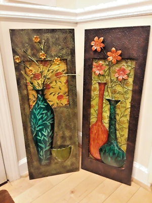 #ad Stunning 3 Dimensional Vases and Floral Hand Painted Metal Wall Decor 30quot; Tall $177.52