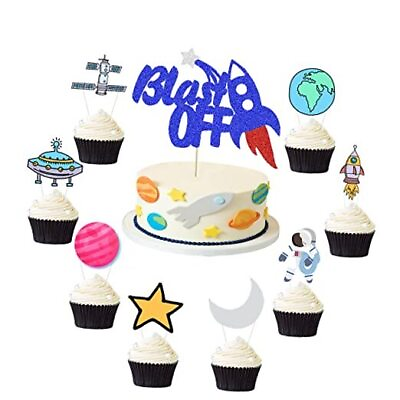 #ad 25pcs Blast Off Cake Topper Outer Space Birthday Party Cupcake Decor Love You $17.51