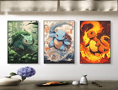 #ad Set of 3 Starter Pokemon Art pieces canvas wall art home decor Portrait Gallery $289.99