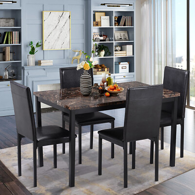 #ad 5Pcs Kitchen Dining Set Dining Table amp; 4 Pu Leather Chairs Kitchen Sets Black $339.99