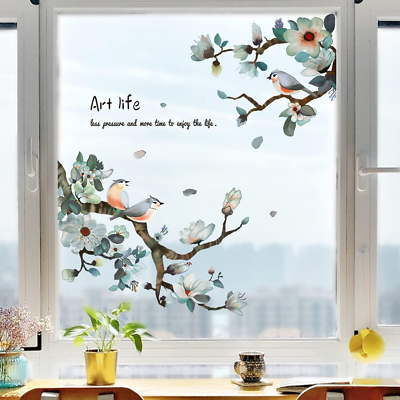 #ad Wall Decor Sticker Watercolor Birds Cherry Blossom Branch Wall Decals Self Adh $10.46