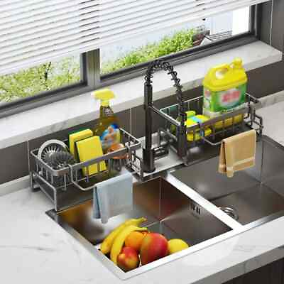 #ad Kitchen Sink Caddy Sponge Drain Rack Dishcloth Holder BLACK Stainless Steel $16.14