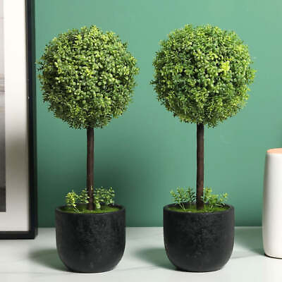 #ad 13 Inch Realistic Artificial Boxwood Topiary Trees with Black Pots Set of 2 $35.99