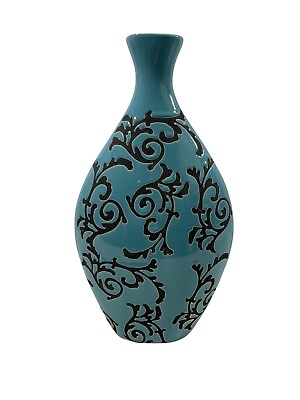#ad Large Blue Vase Black Ornate Design Ceramic Table Shelf Home Decor $18.12