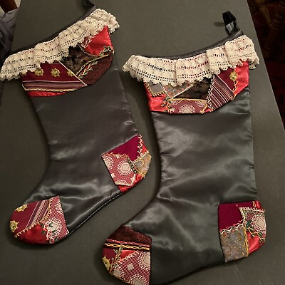 #ad Vintage Christmas Crazy Quilt Green Satin Hanging Stockings Set Of 2 $16.10