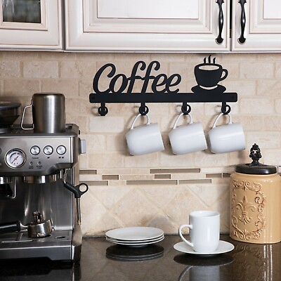 #ad Coffee Bar Decor Sign Shelf Coffee Themed Kitchen Metal Rack Mug Holder Cups $34.95