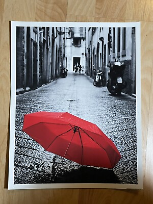 #ad #ad Dramatic European Art Print Black and White Street Red Umbrella Poster Wall Art $16.99