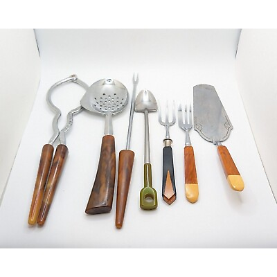 #ad Large Lot Of Bakelite Art Deco Kitchen Utensils Jar Opener Forks Fondue Fork $85.00