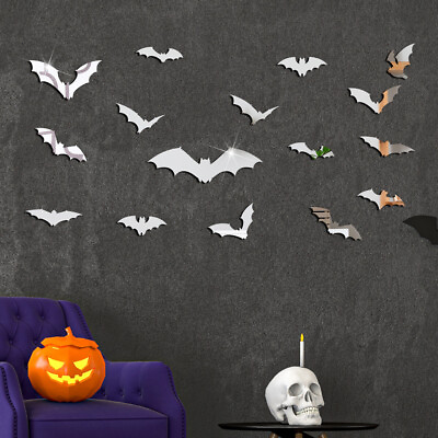 #ad 16PCS Bat Acrylic Mirror Wall Stickers Halloween Party Home DIY Decor Art Decals $7.89