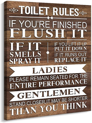 #ad Bathroom Canvas Wall Art Rustic Funny Toilet Rules Prints Signs Framed Wood Back $30.94