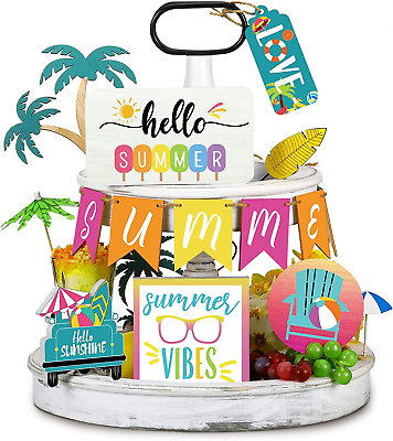 #ad 11 Pieces Summer Hawaii Tiered Tray Decor Set Summer Wood Sign Rustic Farmhouse $22.19