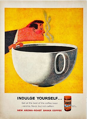 #ad Sanka Instant Coffee Art Deco Kitchen Decor Yellow Large Cup Vtg Print Ad 1950s $28.00