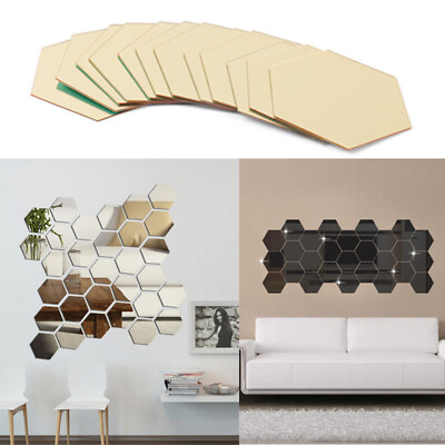 12X Hexagon Vinyl Mirror Tiles Wall Stickers Removable Self Adhesive Home Decal C $2.59