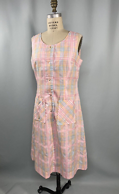 #ad Vintage House Dress SIZE LARGE pink plaid DEE DEE by Decatur DAN RIVER 60s 70s $65.00