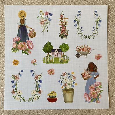 #ad Garden Girl Cottage Home Stickers Bluebells Trellis Wheelbarrow Matte Finish New $5.95