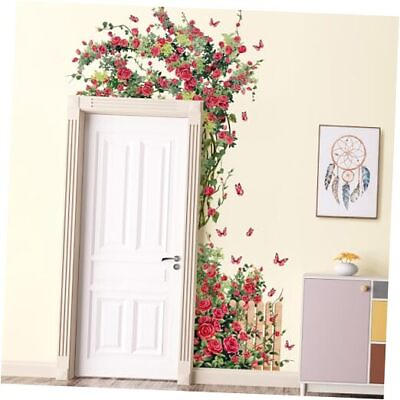 #ad Large Removable Red Flower Rose Wall Decor Plants Vine Green Leaf Wall AB $30.98