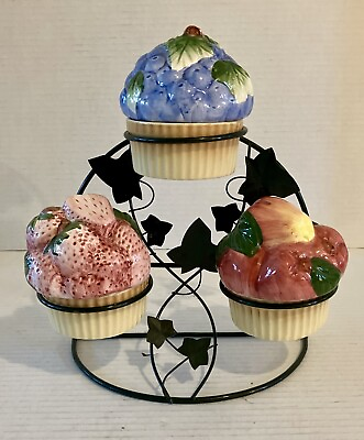 #ad Cute Kitchen Decor Set Of 3 Lidded Cupcake Shaped Condiment Dishes With Stand $13.00