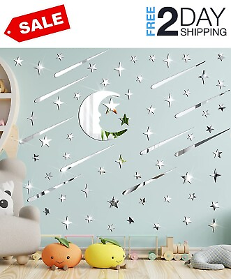 216 Pieces Moon Stars Wall 3D Stickers Acrylic Mirror Wall Decals Decor Silver R $25.98