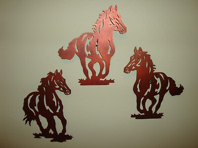 #ad 3 Copper Colored Metal Running Horses Silhouette Wall Hangings 9 x 7 Western $23.00