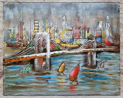 #ad 3D Wall Art Painting Bridge amp; Sailboats Scene Mixed Media Metal Wood Art $299.00