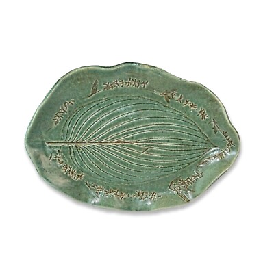 #ad Vintage Beautiful Green Handmade Oval Ceramic Bowl Plate Art Leaf Imprint $24.92