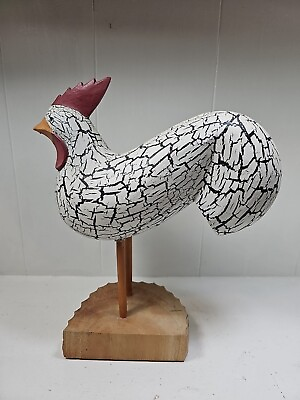 #ad Vtg Handcrafted Wooden Rooster Country Decor White Black 13”T X 12”L Wood Base $28.83