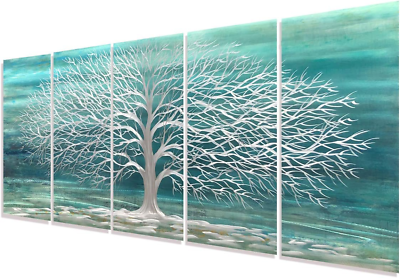 #ad Blue Green Metal Wall Art with Silver Tree of Life 3D Artwork Extra Large Teal S $232.99