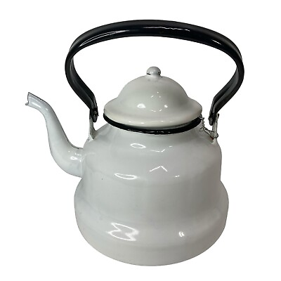 #ad Vintage Emailul Enamelware Teapot Tea Kettle Romania White Black Handle $27.20