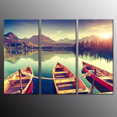 #ad Modern Home Decor Canvas Print Painting Wall Art Lake Fishing Boat Picture 3pcs $146.80